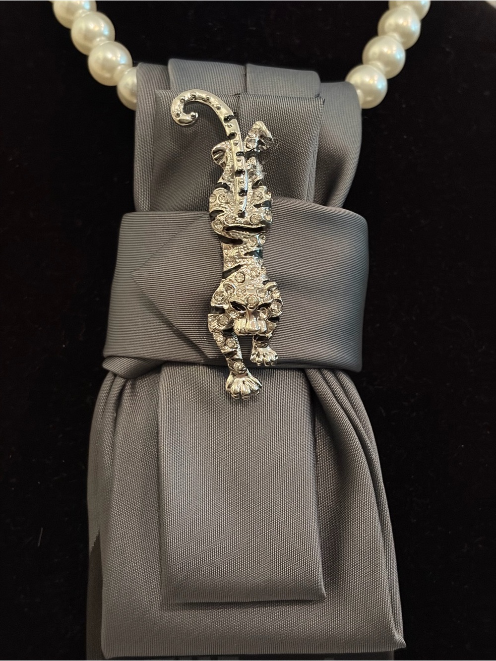 Women’s Statement Black Satin Tie Necklace with Rhinestone Lizard Pin - Picture 2 of 4
